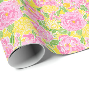 Papier Cadeau Preppy Palm Beach Imprimer Fleurs rose et jaune