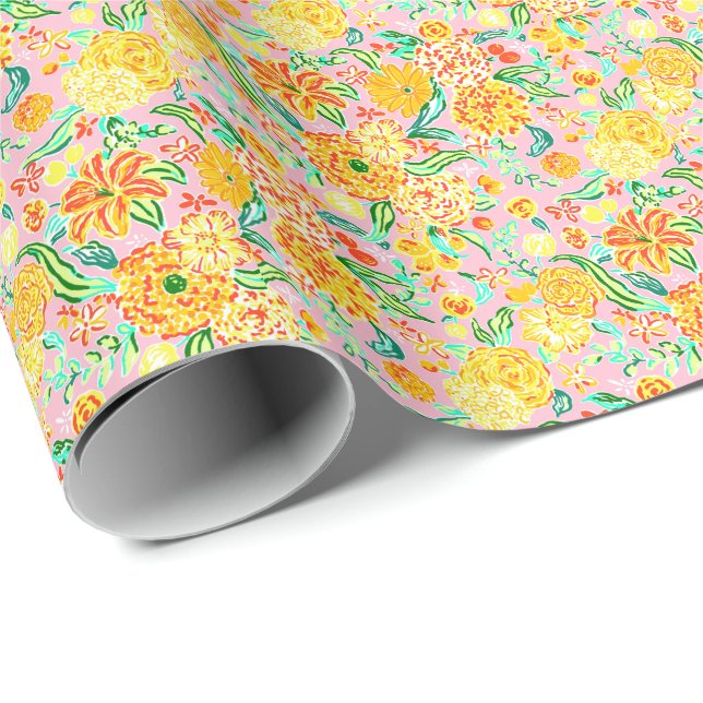 Papier Cadeau Preppy Palm Beach Imprimer Fleurs rose et jaune (Coin rond)