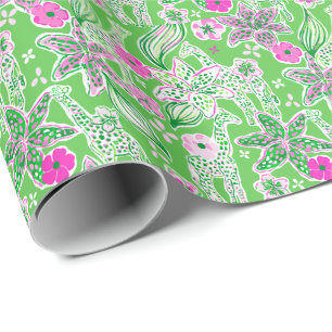 Papier Cadeau Preppy Palm Beach Imprimer Giraffes rose et verte