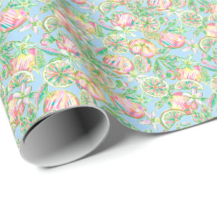 Papier Cadeau Preppy Palm Beach Imprimer Oranges bleu et rose