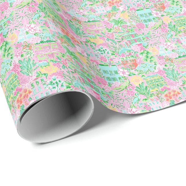 Papier Cadeau Preppy Palm Beach Imprimer Pastel Charleston (Coin rond)
