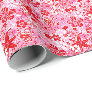 Papier Cadeau Preppy Palm Beach Imprimer rose et rouge Fleurs