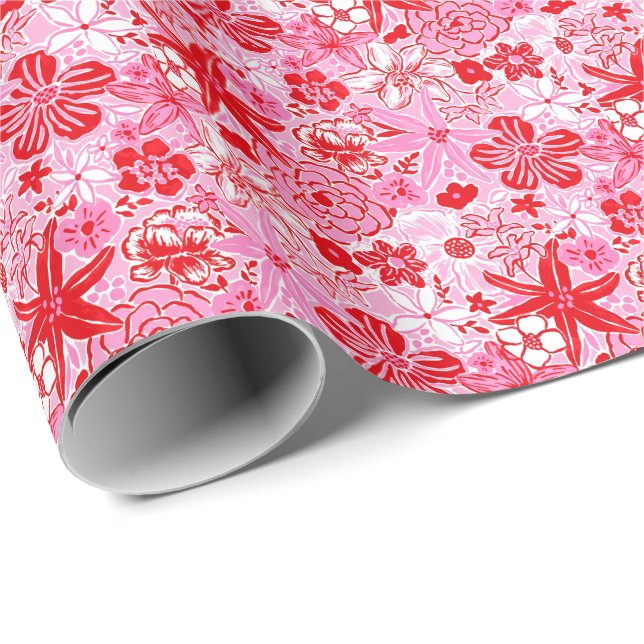 Papier Cadeau Preppy Palm Beach Imprimer rose et rouge Fleurs (Coin rond)