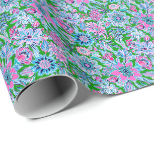 Papier Cadeau Preppy Palm Beach Imprimer rose et vert Fleurs