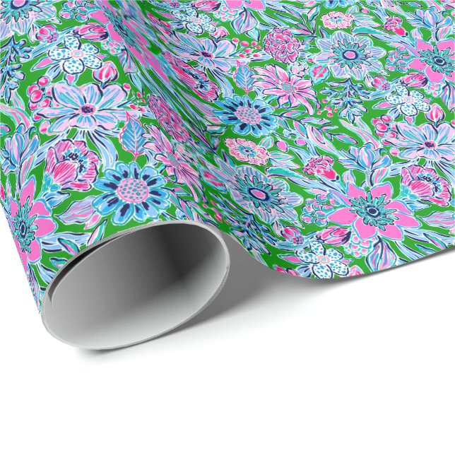 Papier Cadeau Preppy Palm Beach Imprimer rose et vert Fleurs (Coin rond)