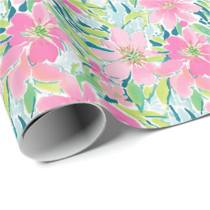 Papier Cadeau Preppy Palm Beach Imprimer rose et vert Fleurs