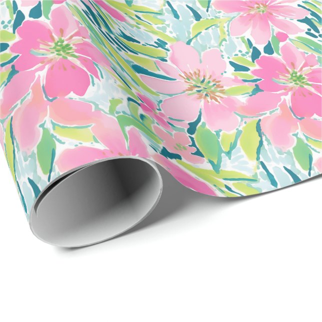 Papier Cadeau Preppy Palm Beach Imprimer rose et vert Fleurs (Coin rond)