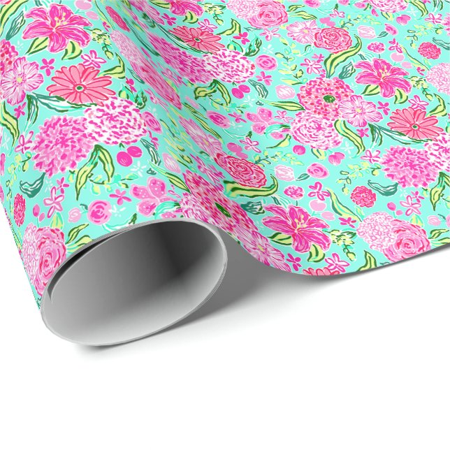 Papier Cadeau Preppy Palm Beach Imprimer Turquoise de fleurs ros (Coin rond)