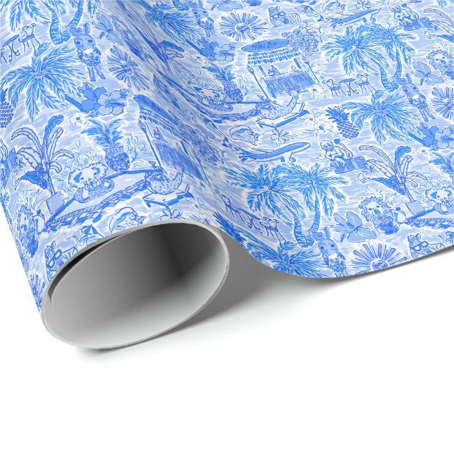 Papier Cadeau Preppy Palm Beach Imprimer Vacay bleu et blanc ani (Coin rond)