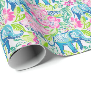 Papier Cadeau Preppy Palm Beach Print Blue and Pink Elephants