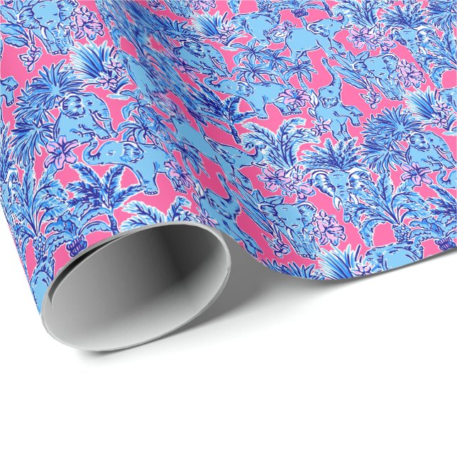 Papier Cadeau Preppy Palm Beach Print Blue Elephants (Coin rond)