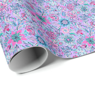 Papier Cadeau Preppy Palm Beach Print Lavender et Fleurs roses