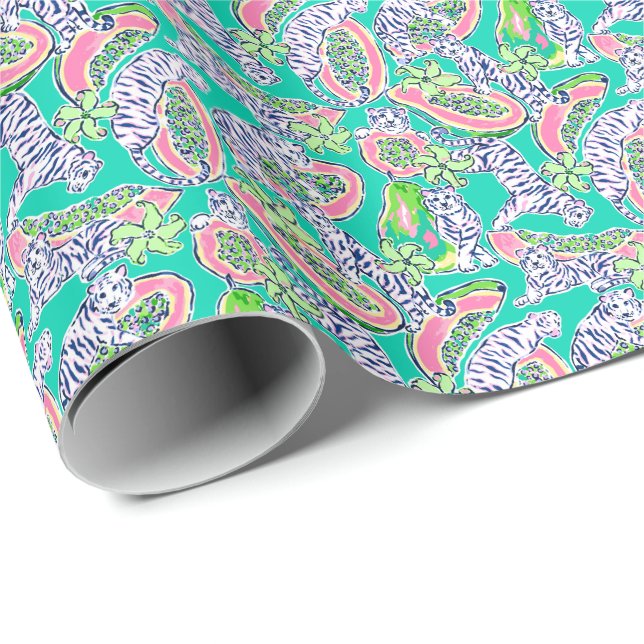 Papier Cadeau Preppy Palm Beach Print Tigers et Papayas (Coin rond)
