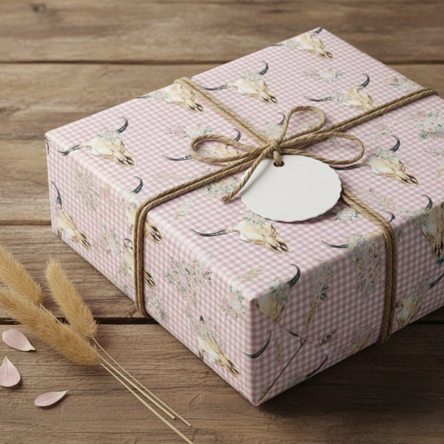 Papier Cadeau Presse rose En vichy Vache Crâne Boho (Créateur téléchargé)