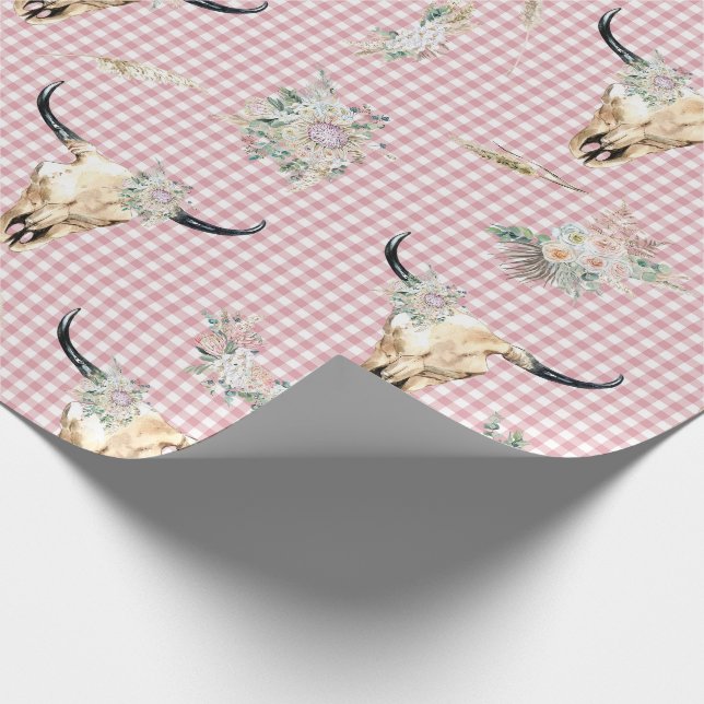 Papier Cadeau Presse rose En vichy Vache Crâne Boho (Coin)