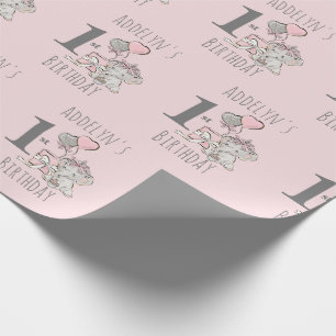 Papier Cadeau Princesse bébé éléphant fille rose 1er anniversair