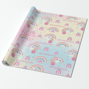 Papier Cadeau Princesse Blonde Licorne Arc-en-Ciel Anniversaire 