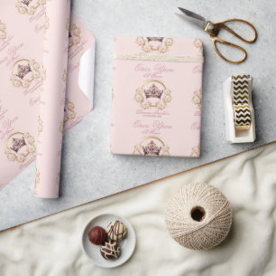 Papier Cadeau Princesse Couronne d'or rose 1er anniversaire