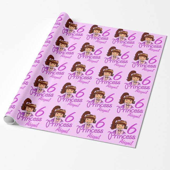 Papier Cadeau Princesse fille cheveux foncés nom âge (Déroulé)