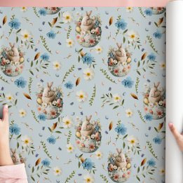Papier Cadeau Printemps Floral Lapin de Pâques Célébration Bleu