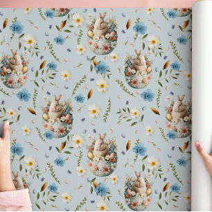 Papier Cadeau Printemps Floral Lapin de Pâques Célébration Bleu