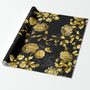 Papier Cadeau Profusion noire Toile floral d'or