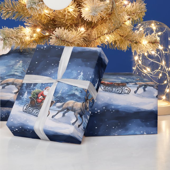 Papier Cadeau Promenade hivernale magique avec Père Noël à trave (Vacances)
