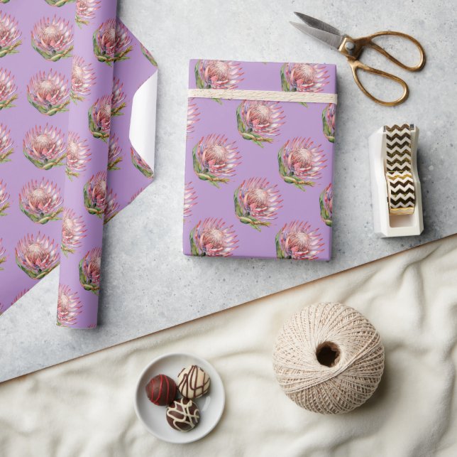 Papier Cadeau Protea sugarbush fleur aquarelle violet plante (Artisanat)