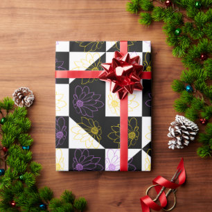 Papier Cadeau Prune & Fleur Jaune   Damier Noir & Blanc