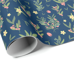 Papier Cadeau Prussie Bleu, Vert et Saumon Olive Branche Motif
