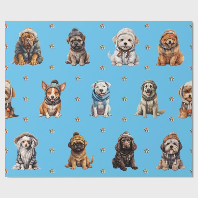 Papier Cadeau Puppies adorables 7 vacances de Noël en bleu (Plat)