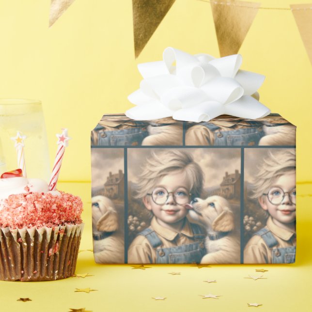Papier Cadeau Puppy Lick Le visage du garçon (Fête d'anniversaire)