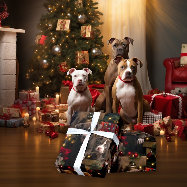 Papier Cadeau Pups de Noël Pitbulles aux lumières rouges riches (Créateur téléchargé)
