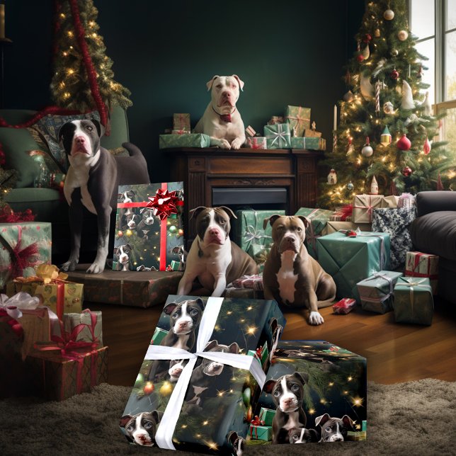 Papier Cadeau Pups Pitbull Noir et Blanc Noël (Créateur téléchargé)