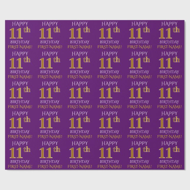 Papier Cadeau Purple, Faux Gold "HEUREUX 11e anniversaire" (Plat)
