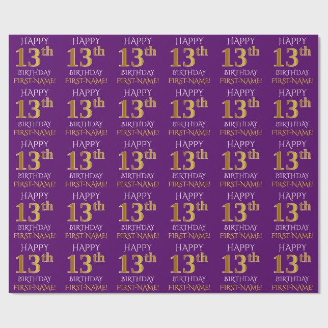 Papier Cadeau Purple, Faux Gold "HEUREUX 13e anniversaire" (Plat)