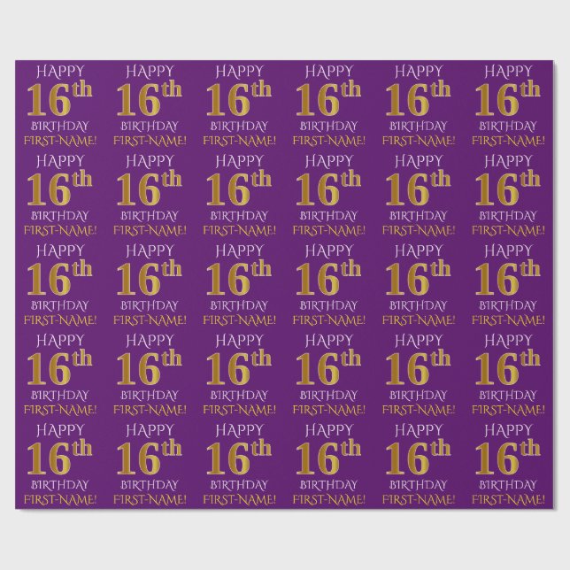 Papier Cadeau Purple, Faux Gold "HEUREUX 16e anniversaire" (Plat)