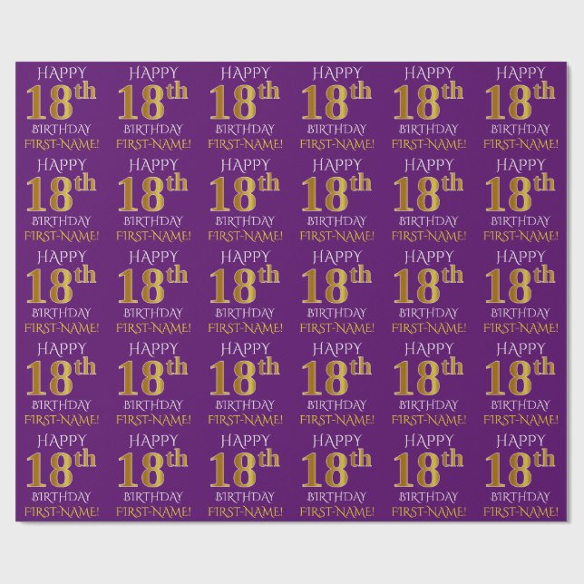 Papier Cadeau Purple, Faux Gold "HEUREUX 18e anniversaire" (Plat)