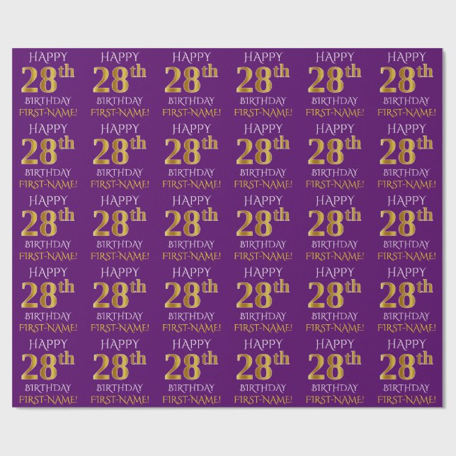 Papier Cadeau Purple, Faux Gold "HEUREUX 28ème anniversaire" (Plat)