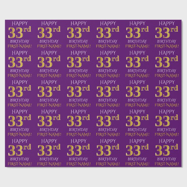 Papier Cadeau Purple, Faux Gold "HEUREUX 33e anniversaire" (Plat)