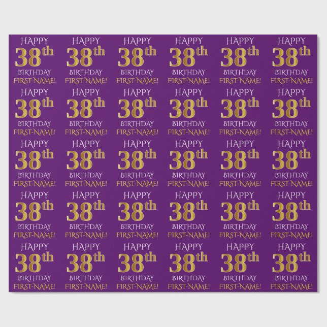 Papier Cadeau Purple, Faux Gold "HEUREUX 38e anniversaire" (Plat)