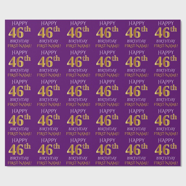 Papier Cadeau Purple, Faux Gold "HEUREUX 46e anniversaire" (Plat)