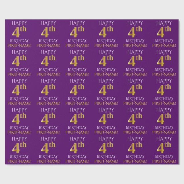 Papier Cadeau Purple, Faux Gold "HEUREUX 4e anniversaire" (Plat)