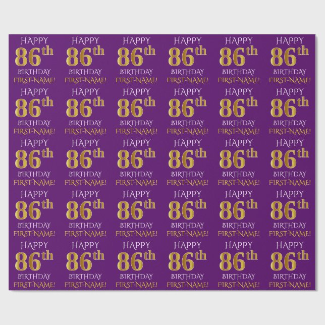 Papier Cadeau Purple, Faux Gold "HEUREUX 86e anniversaire" (Plat)