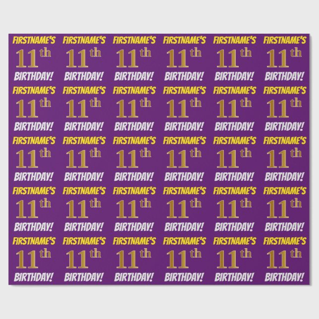 Papier Cadeau Purple, Faux/Imitation Gold, "11e ANNIVERSAIRE" (Plat)