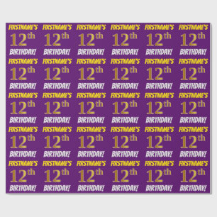 Papier Cadeau Purple, Faux/Imitation Gold, "12e anniversaire"