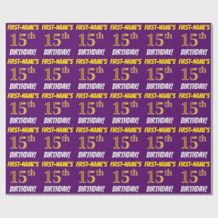 Papier Cadeau Purple, Faux/Imitation Gold, "15e anniversaire"