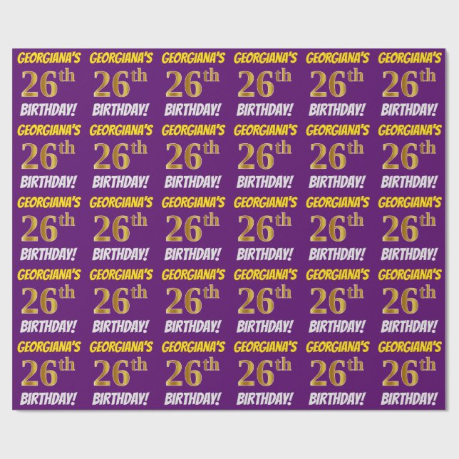 Papier Cadeau Purple, Faux/Imitation Gold, "26e anniversaire" (Plat)