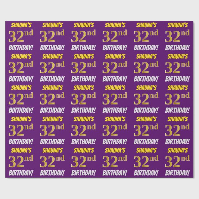 Papier Cadeau Purple, Faux/Imitation Gold, "32e anniversaire" (Plat)