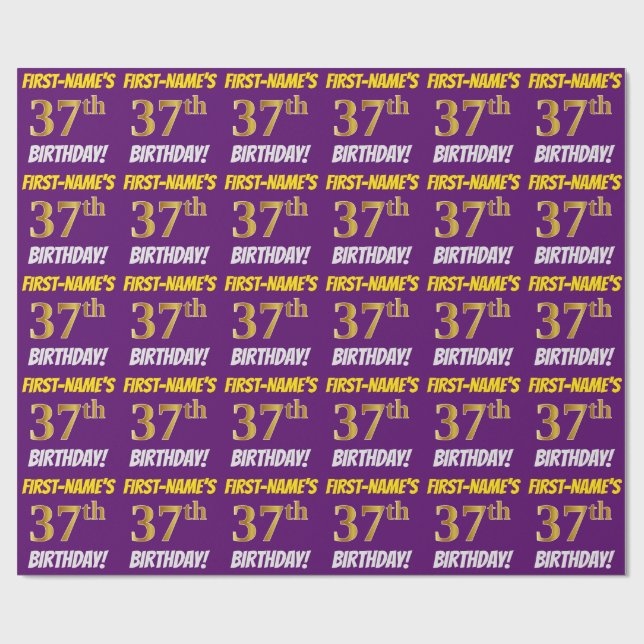 Papier Cadeau Purple, Faux/Imitation Gold, "37e anniversaire" (Plat)
